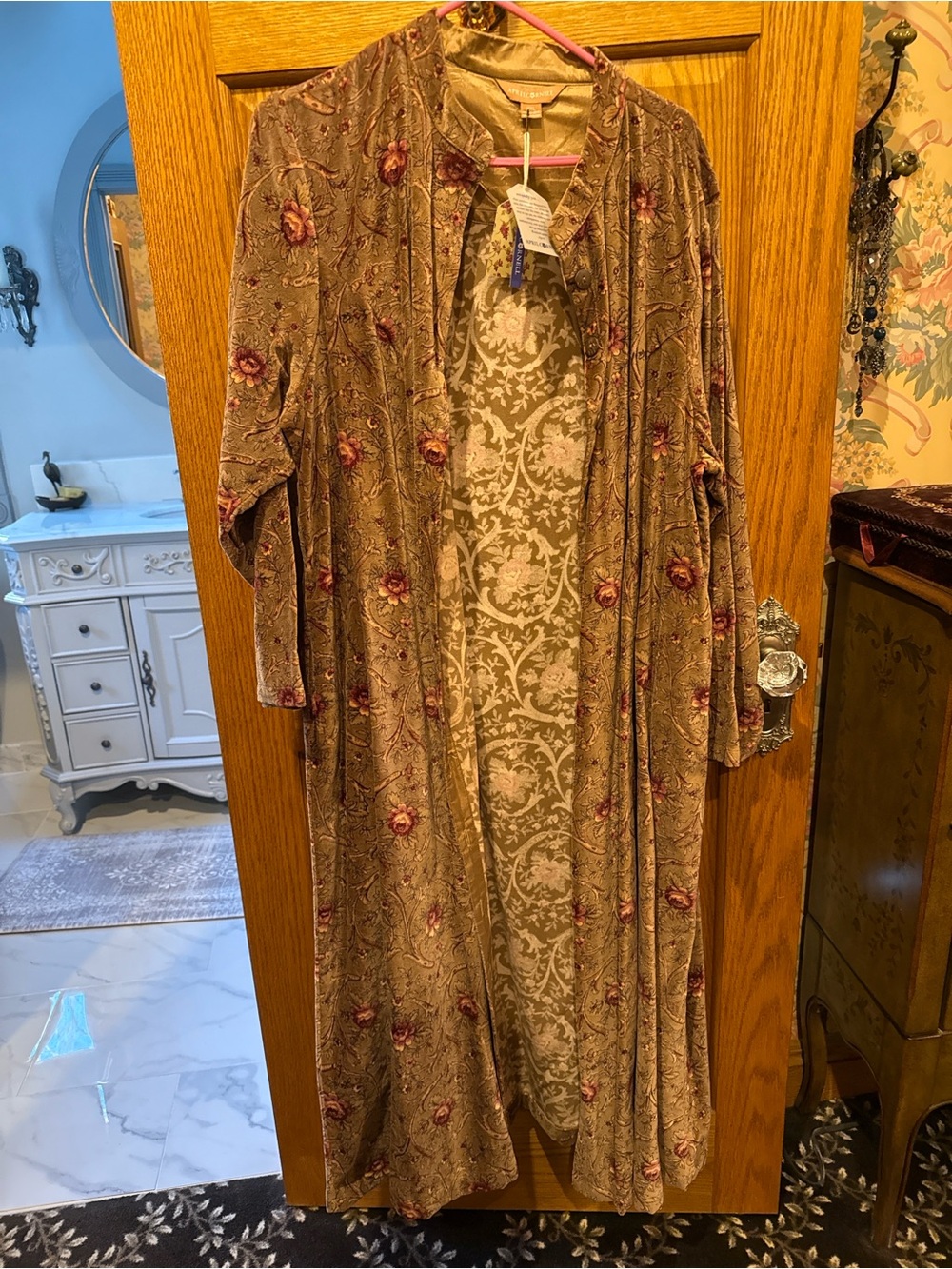April Cornell Taupe Floral Velvet Long Duster with Pink Accents